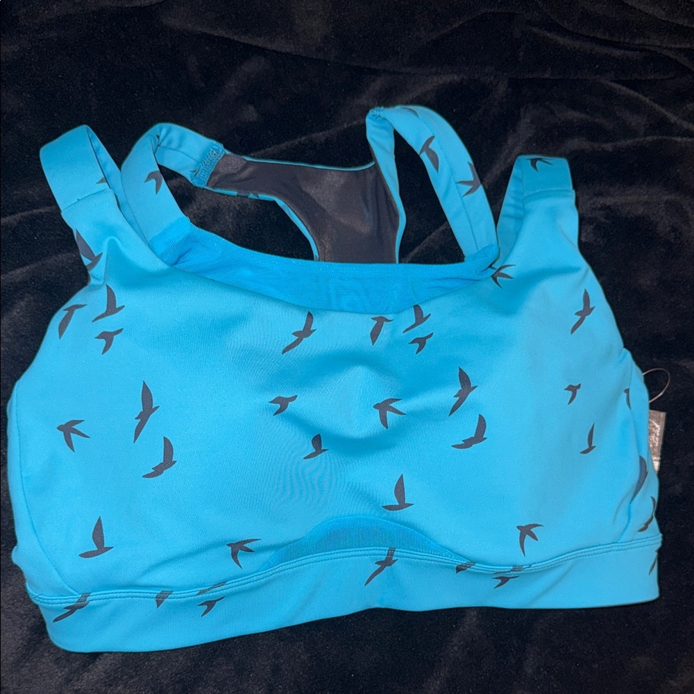 Oiselle Teal Bra with Black Bird Pattern 36C New - Picture 11 of 11